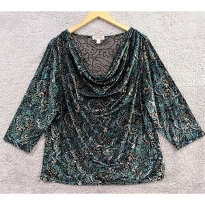 Dress Barn Tunic Women's 2X Green‎ Velvet Burnout Cowl Neck Metallic Whimsigoth